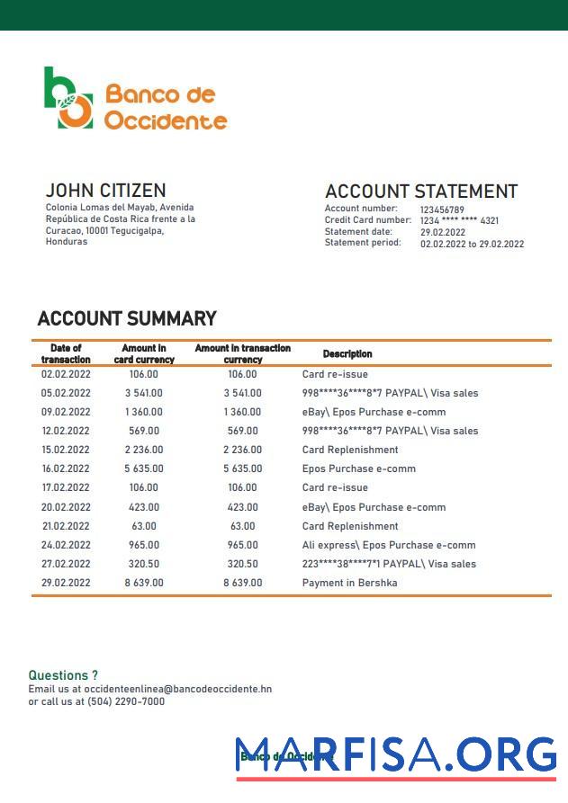 Printable Honduras Banco de Occidente bank statement word template